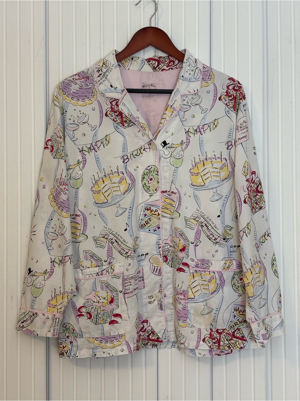 Nick and Nora Pajama Button Up Top XL Birthday Print Fun Unique